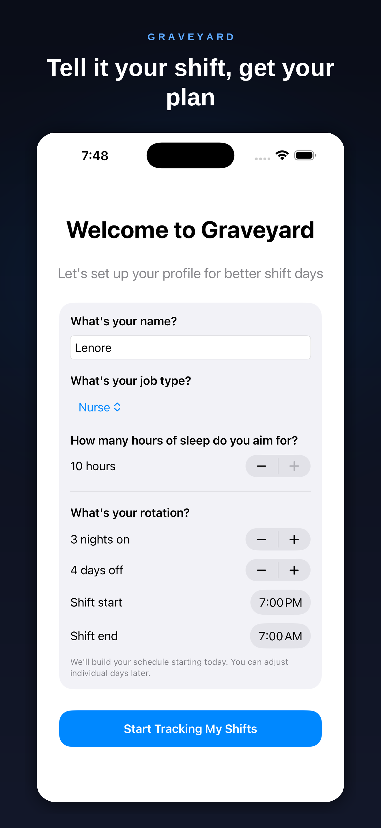 Graveyard onboarding screen — shift pattern and sleep goal setup