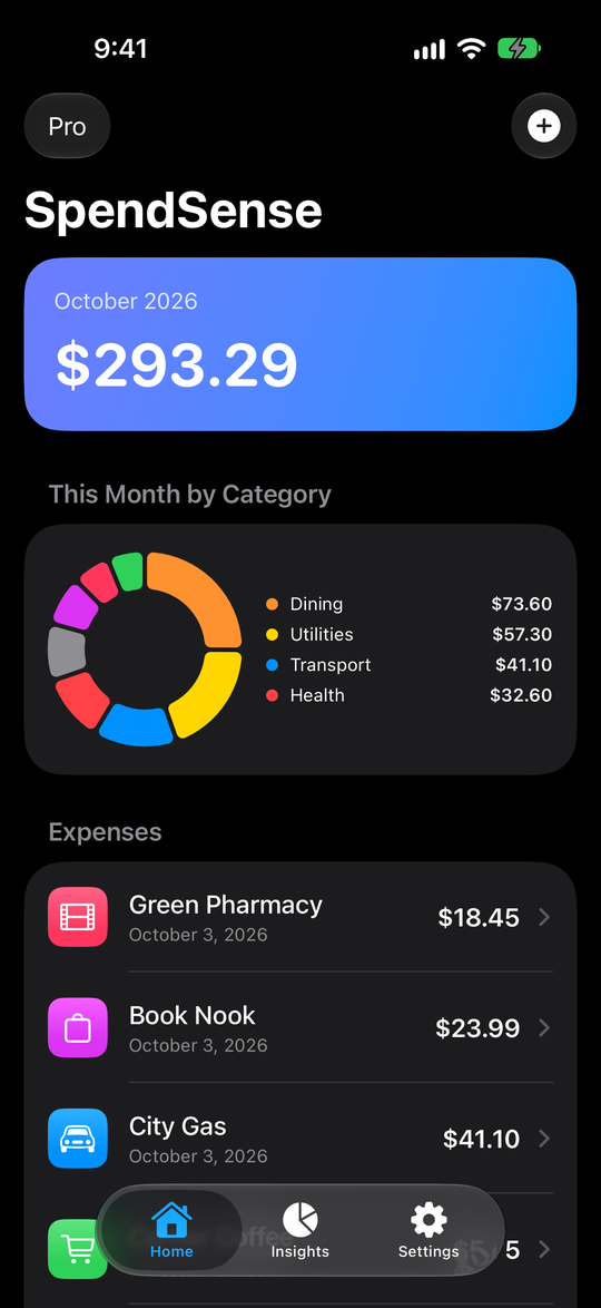 SpendSense home screen showing the October total, a spending-by-category chart, and a list of recent expenses
