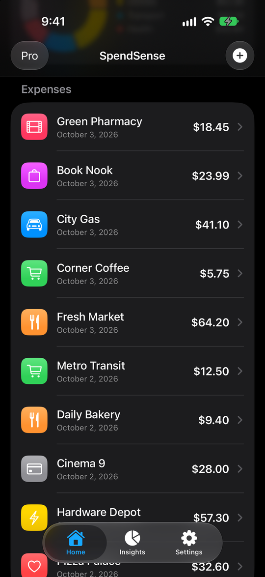 SpendSense expense list with merchant, date, and amount for each receipt