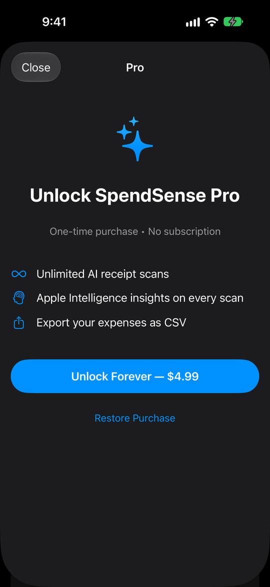 SpendSense Pro unlock screen showing a one-time purchase of $4.99